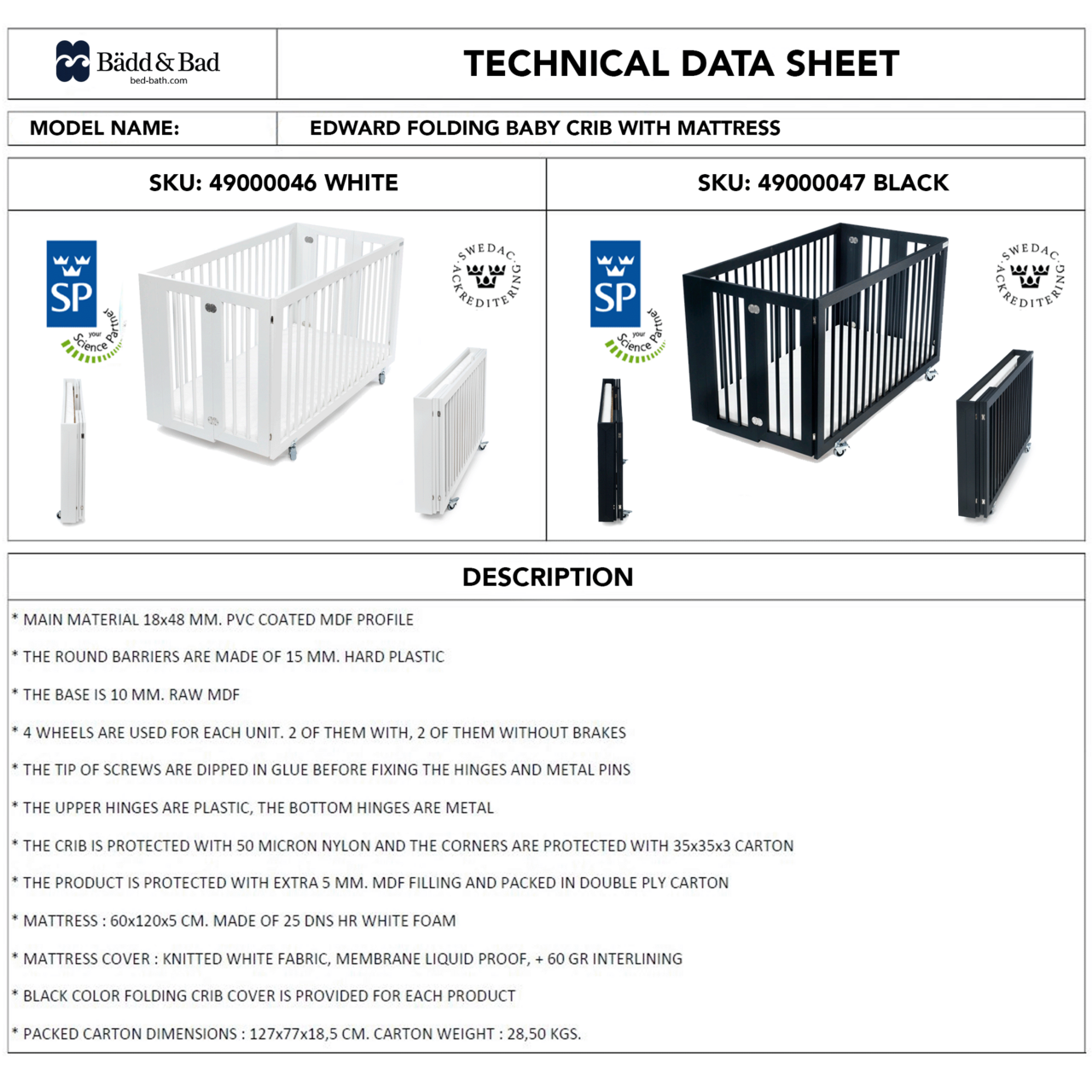 Barnsäng Edward, EU certifierad genom SP, Svart