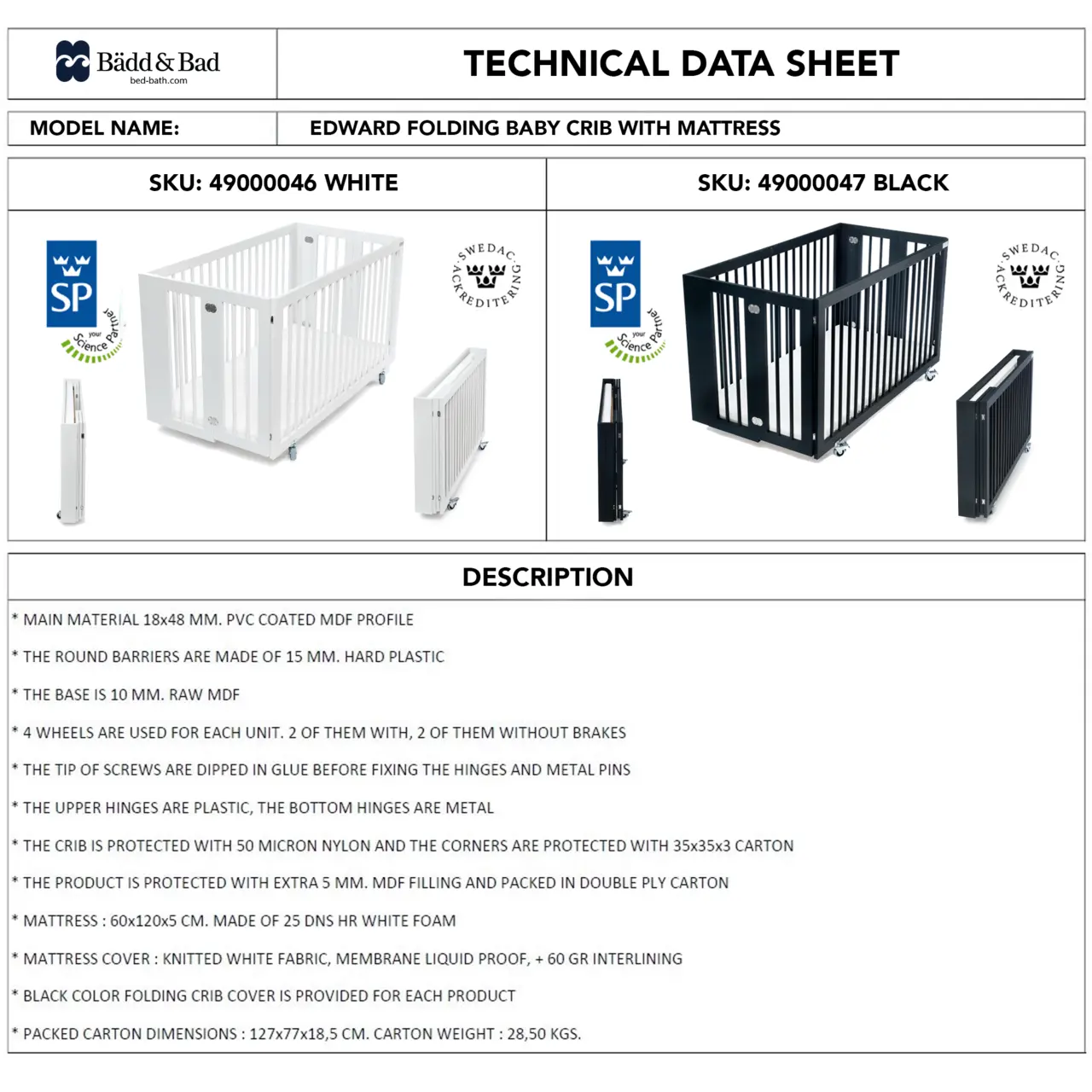 Barnsäng Edward, EU certifierad genom SP, Vit
